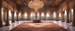 Hyper realistic detailed inside historical indian castle with chandeliers & ceiling paintings & glass work on pillars with beautiful carpet & water fountain