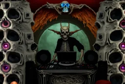 DJ of the damnded, insanely detailed DJ booth in hell, MID set, speakers and equipment made of bone, anatomically correct,