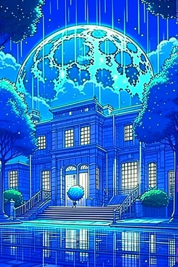 A beautiful empty school, its color is a mixture of blue and white, heavy rain, green trees, beautiful and wonderful roses, in addition to the appearance of the moon and snowfall, accurate and strong details style anime