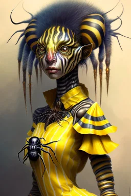 Artist Jean-Baptiste Monge style. A humanoid biomorph Zebra-Spider faced woman. Yellow eyes. A yellow striped ress, covered with spider legs.