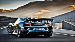 Rear View A stunningly realistic (((Porsche 918 x brabus))), intricate detail and perfection in every surface, glimmering metal and luxurious contours, a (perfect model) for a desktop wallpaper fit for high resolution screens, evoking a sense of futuristic elegance in a (4K cinematic atmosphere).