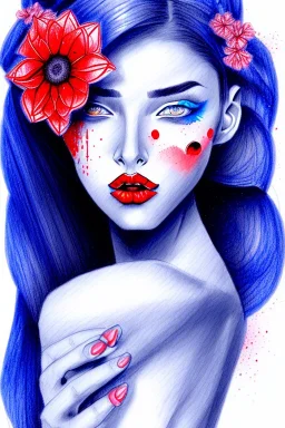 blue Pencil sketch of a woman with red lips and flower in hair on watercolor paper