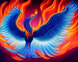 surreal illustration of a fiery phoenix, a flaming phoenix, realistic, surrealism, surreal phoenix with glowing fire wings, glowing soft and smooth wings, abstract surreal fantasy art, highly detailed, intricate patterns on wings, soft studio lighting, smooth dark blue background 64k