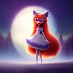 Cute beautiful princess fox girl in the moonlight; beautiful eyes with beautiful eyelashes, glowing aura, shimmering light, magical world, extremely detailed long curly fur, high quality picture, beautiful full volumetric lighting, cinematic shimmering illumination, brilliant coloring, smooth, sharp focus, crispy quality, vray; Pixar, Disney, Artstation; HD, HDR, SF, CGSociety, 16k, photorealistic, unreal engine