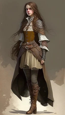 girl, brown hair, Her eyes are brown, she wears fantasy medieval clothes, she is slim, full body with boots side profile