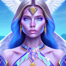 portrait of a beautiful aztecan woman with an angel face smiling,long blond hair, blue eyes, pink and blue dress, jewels, soft light aura