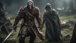 a undead warrior. brutal carnage on a battle field. fantasy setting. armor fused to the skin. blood. broken armor. gloves. intense horror. blind terror. scared to death. a masterpiece, fantasy concept art, dynamic lighting, hyperdetailed, intricately detailed, deep color, Unreal Engine, volumetric lighting, Epic cinematic brilliant stunning intricate meticulously detailed dramatic atmospheric maximalist digital matte painting