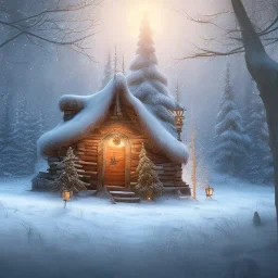 Mysterious christmas night, a lonely hut, surreal atmosphere, cosmic backdrop, celestial ambience, soft lighting, very chilly appearance of the surroundings, unreal engine 5 volumetric lighting, intricate details, realistic style, 8k resolution