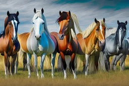 horses of different colors standing on a field