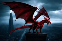 red dragon on top of a building wings outstetched dark fantasy lightening