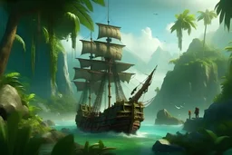 Une scène fantastique épique mettant en scène des pirates. bateau de pirate. Ambiance tropical. Vue cinématographique, détails nets.