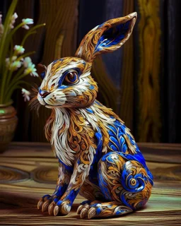 “The Cobalt Rabbit of the Painted Garden”. A magnificently stylised abstract rabbit rendered in bold flowing impasto brushwork sits serenely at the centre of a richly textured vintage timber-grain background. Its sleek elongated form built from sweeping strokes of deep cobalt and warm ivory. Its enormous eyes, two perfect circles of molten amber, meet the viewer with calm directness. Around it, an expressive folk-art garden blooms in bold gestural strokes. Stylised tulips in vivid coral and gol