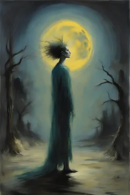 art by Everett Shinn and John Lurie, impressionism art, Painting, Knitted of a "The Conjurer of Radiance", it is Elusive, Moon in the night, Wide view, Horror, hair light, 80mm