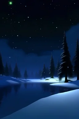 nintendo 64 graphics winter forest at night next to frozen lake with snow falling