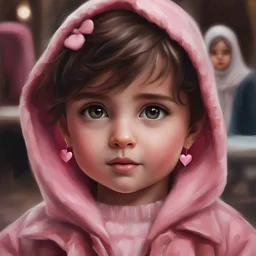 Painting of a little girl with big hazel eyes and short brown hair with a pink jacket and heart earrings, Iranian little girl, 2 years old, adorable eyes, cute face, light colors, adorable little girl, oil painting, innocent little girl, beautiful oil painting, painting style, Iranian art, blurry background