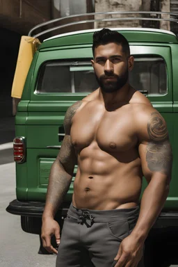 half figure photography of a 33 year old beefy burly latino , shirtless, bulging shorts, leaning with his back to his van, hands on the fap, big shoulders, hairy chest, tattoo, very virile, short beard, short hair, side light, in a sunny street, photorealistic