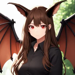 A closeup headshot portrait of a bat demihuman which is a human with bat characteristics. woman with long brown hair, red eyes, large brown bat ears and brown bat wings, inside a modern zoo, intricately detailed, cell shaded anime style