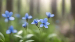 small blue flowers of a forest plant in the spring forest in the morning , blurred background