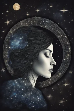 Double exposure of a female person's profile and a utopistic starry night sky, dramatic mood, dark depressive style, highly detailed intricate, surreal, stunning