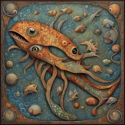 (pronounced mosaic textures:1.5), Enhanced surrealism, weirdcore aquatic creature contrivance, unregulated absurdity, by Desmond Morris and Otto Rapp, mind-bending surreal image, mosaic art, suctioning weirdling classic surreal elements