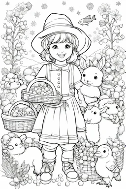 A black and white outline art of a kid's coloring book, Cute farm animals in costumes, outlined for easy coloring of festive attire., outlined with falling snowflakes, outlined on a plain background for easy focus, outlined with baskets of produce around., outlined with a straightforward stream and fish., outlined against a simple backdrop of flowers, white background , sketch style , full body, only use outline, mandala style, clean artpage, , white background, no shadows and clear well outline