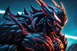 Sion venom in 8k solo leveling shadow artstyle, huge muscles, close picture, sea, neon lights, intricate details, highly detailed, high details, detailed portrait, masterpiece,ultra detailed, ultra quality