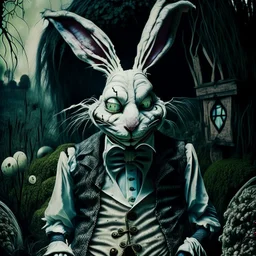 portrait of strange, creepy alien looking white rabbit with evil frown on face from Alice in Wonderland wearing a waistcoat, in garden, Tim Burton, Dr Suess, Terry Gilliam, Salvador Dali, dark moody,dystopia, sinister, evil, bizarre, nightmare