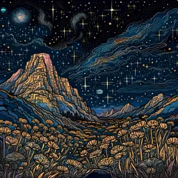 Colourful, peaceful, night sky filled with galaxies and stars, rock formations with fossils, flowers, one-line drawing, sharp focus, 8k, deep 3d field, intricate, ornate