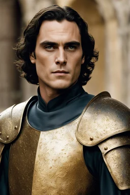 Joaquin Phoenix from year 2000, draped waves haircut, black hair, in medieval setting, in medieval armor colored back and gold