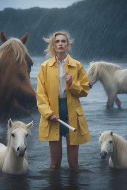 In the music video, a 23-year-old woman with blonde hair and bright blue eyes stands in the sea, se has a bun. dressed in a yellow fisherman's jacket. She holds an umbrella, but it offers no protection from the pouring rain. Around her, heavy horses are moving. The rain is pouring heavily. She is standing in the middle of the sea. You can see here completely. The rain is pouring really really hard. horses Only the girl and horses, i wanna see the horses dancing around her