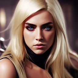 Photorealistic headshot of a fierce blonde assasin