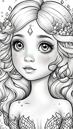 black and white, coloring drawing, for kids, line art, ((white background,)) beautiful cute mermaid with cute hair and eyes, crystals and diamond, sparkles background,