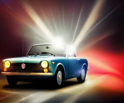 fiat 125p, city. high speed. bokeh. lens flare. warm lights. high detailed. oil on canvas