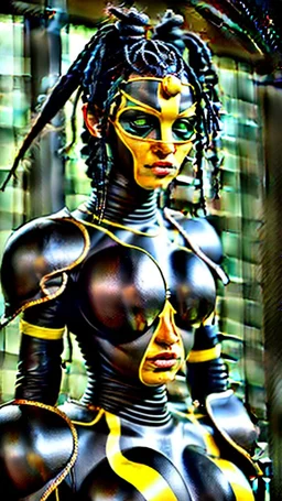 A woman has tanned skin, yellow eyes and black dreads. Her face show her superiority in the eyes of others. She is dressed in a steel armor with a few pieces of yellow and green fabric sticking out.