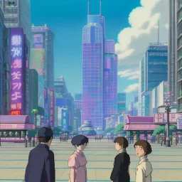 A group of people gather in a futuristic plaza, surrounded by towering skyscrapers and holographic advertisements. The plaza is filled with blue and purple light, and flying vehicles can be seen in the background.