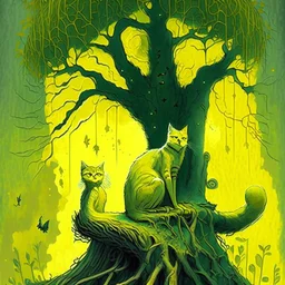 Drawing of a yellow cat sitting in front of a tree, the background is green, storybook illustration by Gediminas Pranckevicius, featured on deviantart, gothic art, magical fairy tale atmosphere, storybook illustration, dark and mysterious