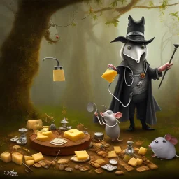 A Plague Doctor (AND) a Mouse having a port & cheese party in a forest while mushrooms grow beside them by Pixar and Dreamworks