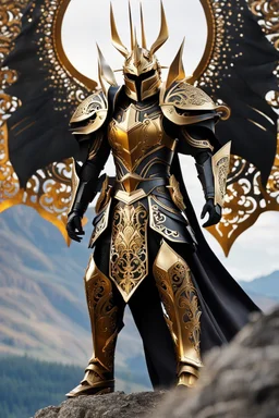 Full body photography,front_view,Dark Lord Sauron looking at viewer,traditional dress ornaments mechanical_armor,intricate armor, delicate golden filigree, intricate filigree, black metalic parts, detailed part,fire eruption mountain background, dynamic lighting