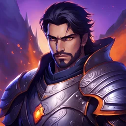 A dark-haired, ruggedly handsome man in his 30s with glowing purple eyes, he wears heavy silver armor with an indigo and orange sash with a twilight motif. He is a cleric of Selune, wielding a shield and a mace. Close-up portrait, at dawn.