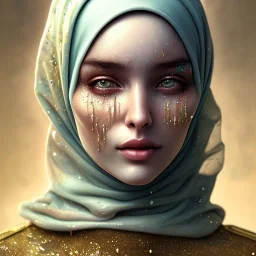 dripping watercolor paint as woman's face, wearing hijab, dripping, melting watercolors, fine detail, highly intricate, modern surrealism painting, fog, high-quality, volumetric lighting, 8k, ultrahd, George Grie, Marco Escobedo, Igor Morski,Brian Froud, Howard Lyon, Selina French,