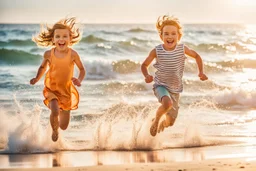 two cute children running along the shoreline, with the ocean waves in the background. They are laughing and jumping in the sandy area near the water. happy mood, vibrant colors, high detailed, cinematic