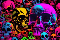 a field of 1000s of cartoonish, anatomically correct, skulls, vivid RANDOM BRIGHT neon colors, dark comedy, well lit, high detail, photorealistic, horrorcore, fun, scary, none featured, each a different color or hue,