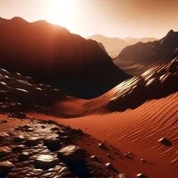 La superficie del planeta Marte, donde la luz del Sol le llega del lado izquierdo y las montañas hacen una sombra atemorizante