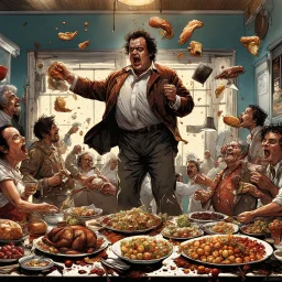 Chaotic Thanksgiving Family food fight, everyone looks like John Belushi, food being thrown everywhere, disgusting and messy, concept art, by Brian Bolland and Norman Rockwell and Jeremy Mann, hyperreal, sharp focus, expansive, rich deep colors, dynamic lighting, 8K res, concept art.