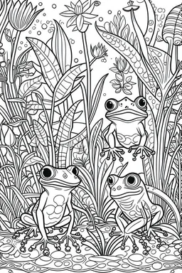 Stress Relief coloring page for kids, A cute, soothing rainforest featuring exotic frogs and vibrant foliage, cartoon style, thick outline, low details, no shading, no color