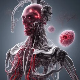 blood clot electrical cyborg future exoskeleton with cell phone face, giant huge 20 G tower, thousands of human zombies