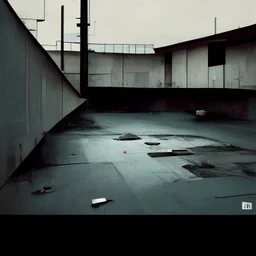 Minimal abstract oil paintings of a desolate concrete 1960s carpark. Road with distant Blurry lights. On the floor are concrete fragments and road markings . In the dark mysterious style of Justin Mortimer and Francis Bacon.