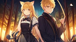 Girl, yellow hair, cat ears, cat tail, bow and arrow in hand, dark forest, boy, boy has bunny ears