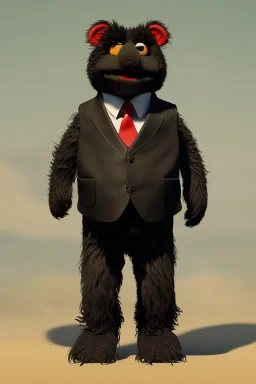 Waist up muppet Portrait, Kim Jong-un muppet doll, black suit, photo studio, red background, unreal engine 5, concept art, art station, god lights, ray tracing, RTX, lumen lighting, ultra detail, volumetric lighting, 3d.