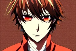 Detailed pretty anime boy, brown hair with blonde strips, keep head in frame, headshot, glaring, brown eyes, covered in bandages, looking serious, illustration, digital painting, only one character, color scheme red, wearing many bandages, Osamu Dazai inspired, anime inspired, manga, dazai, red hair, Chuuya, pretty, scruffy, angry, brooding, manga inspired, small nose, long lower eyelashes, handsome, one character, headshot, glaring, cute, wearing a bandage on neck, small nose, scruffy hair